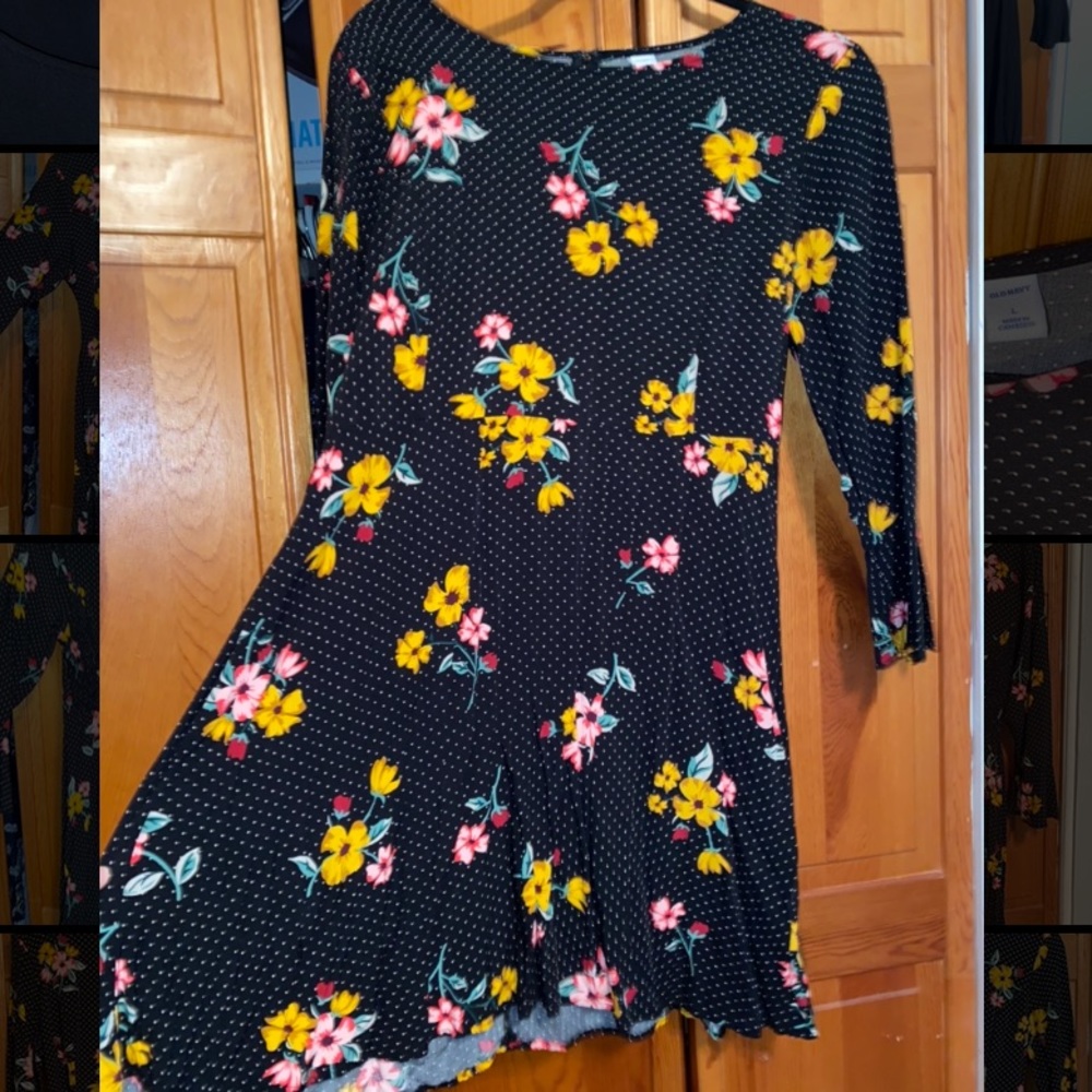 Retro Polka Dot Floral Long Sleeve Flair Dress